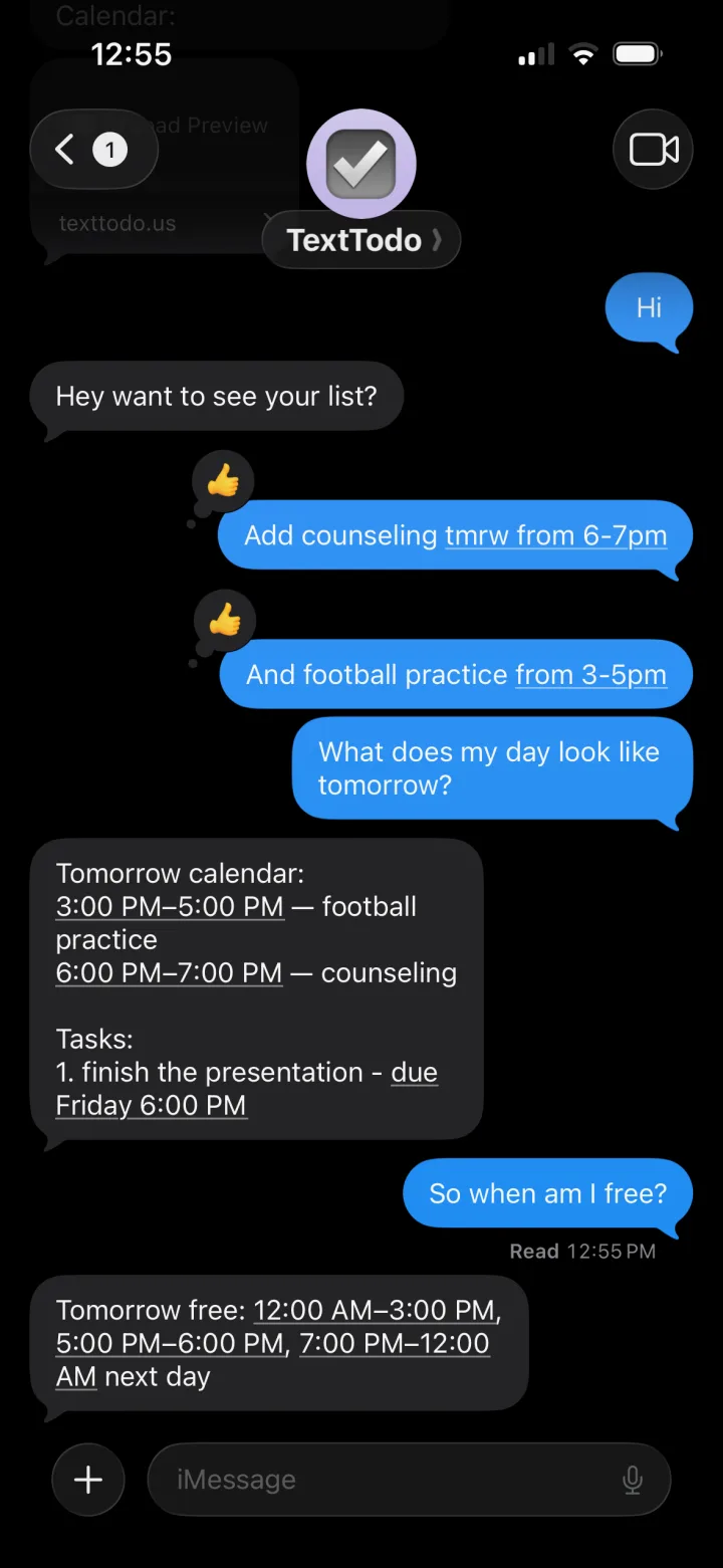 A real TextTodo iMessage conversation creating Google Calendar events and finding free time