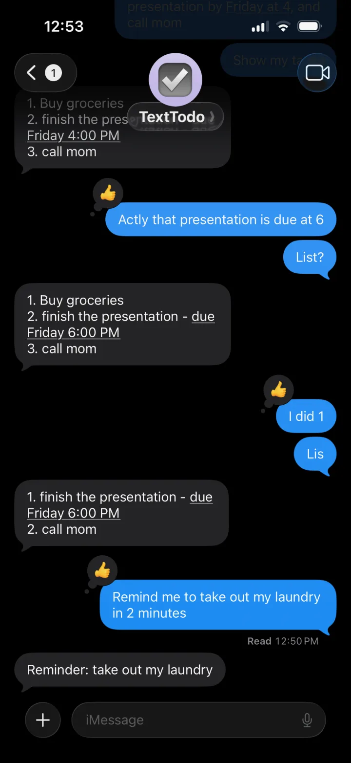 A real TextTodo reminder arriving in a direct iMessage conversation