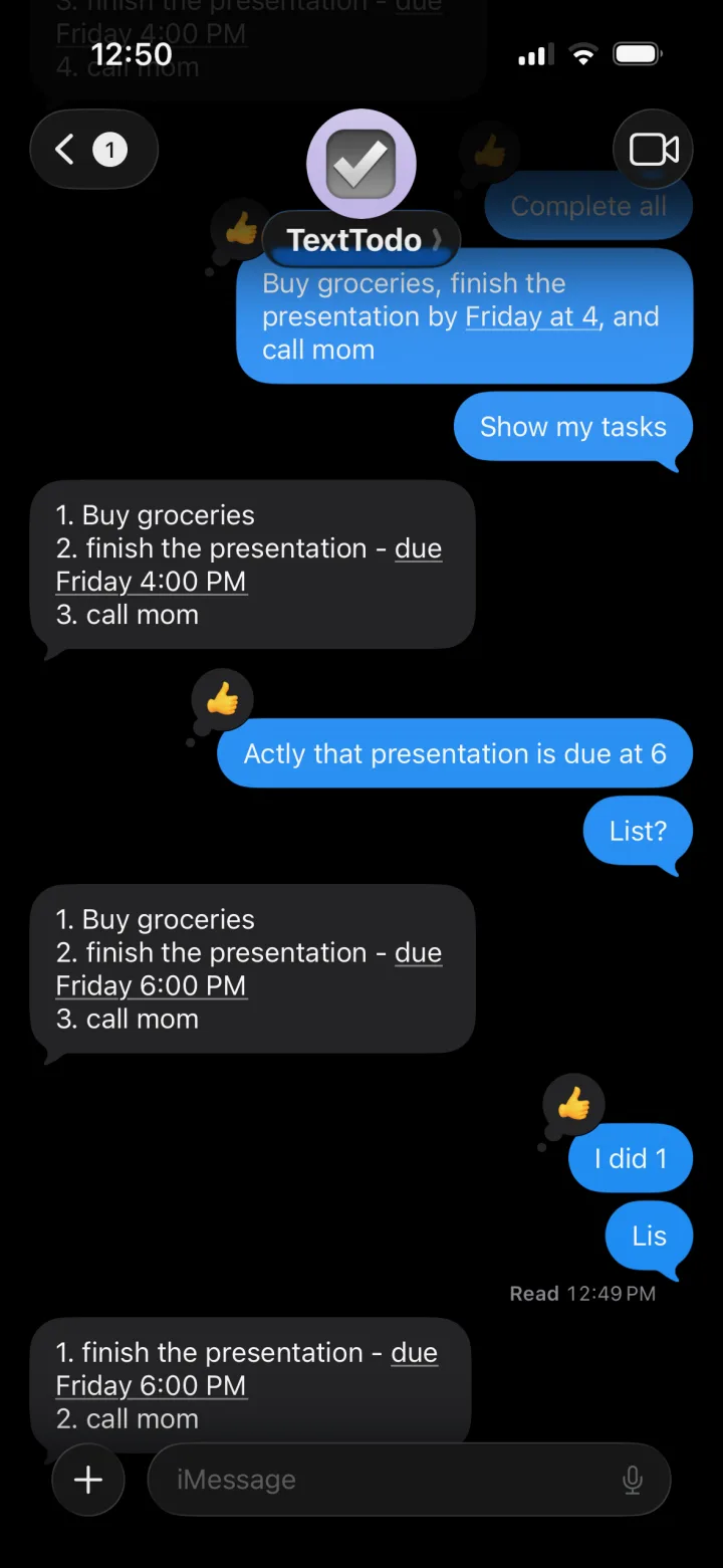 A real TextTodo iMessage conversation adding assignments, changing a deadline, and completing a task